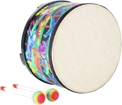 Colorful drum with vibrant patterns and drumsticks, fun musical instrument for kids.