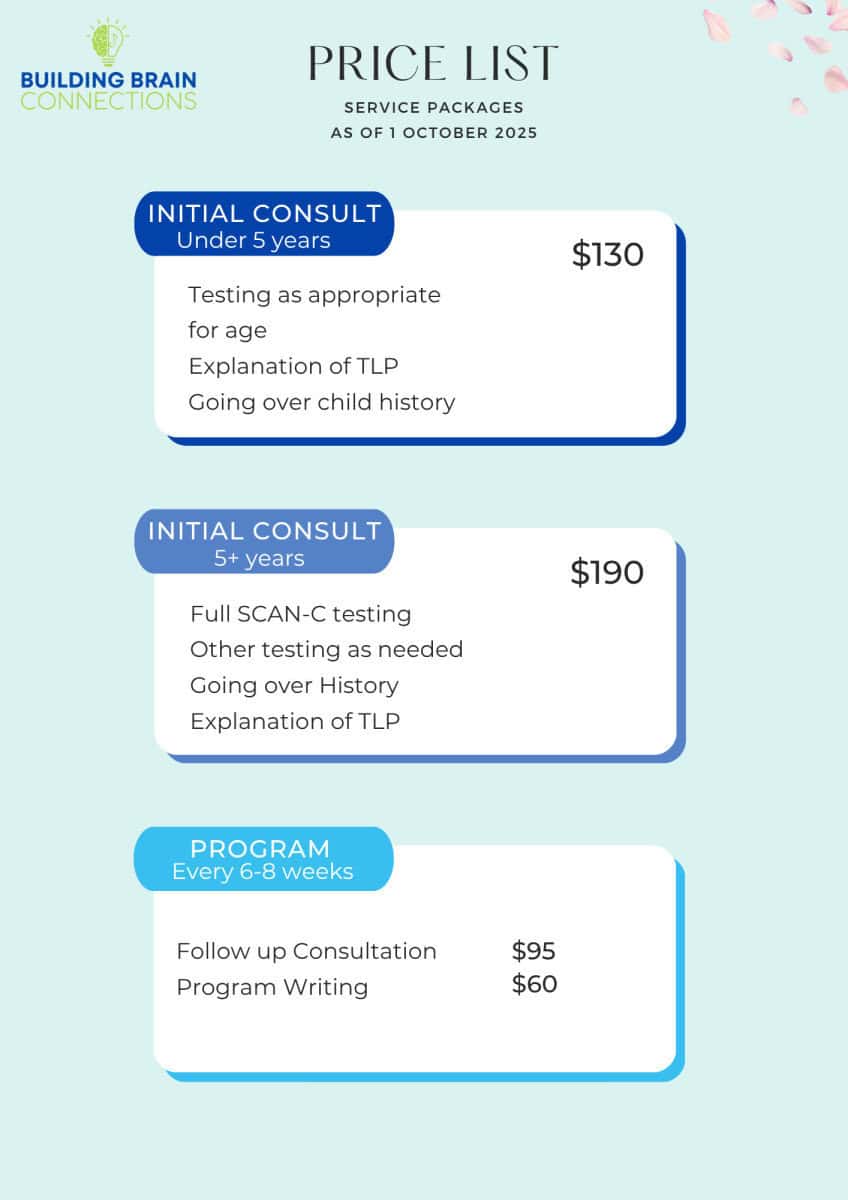 Building Brain Connections service price list for child developmental assessments and early intervention programs.