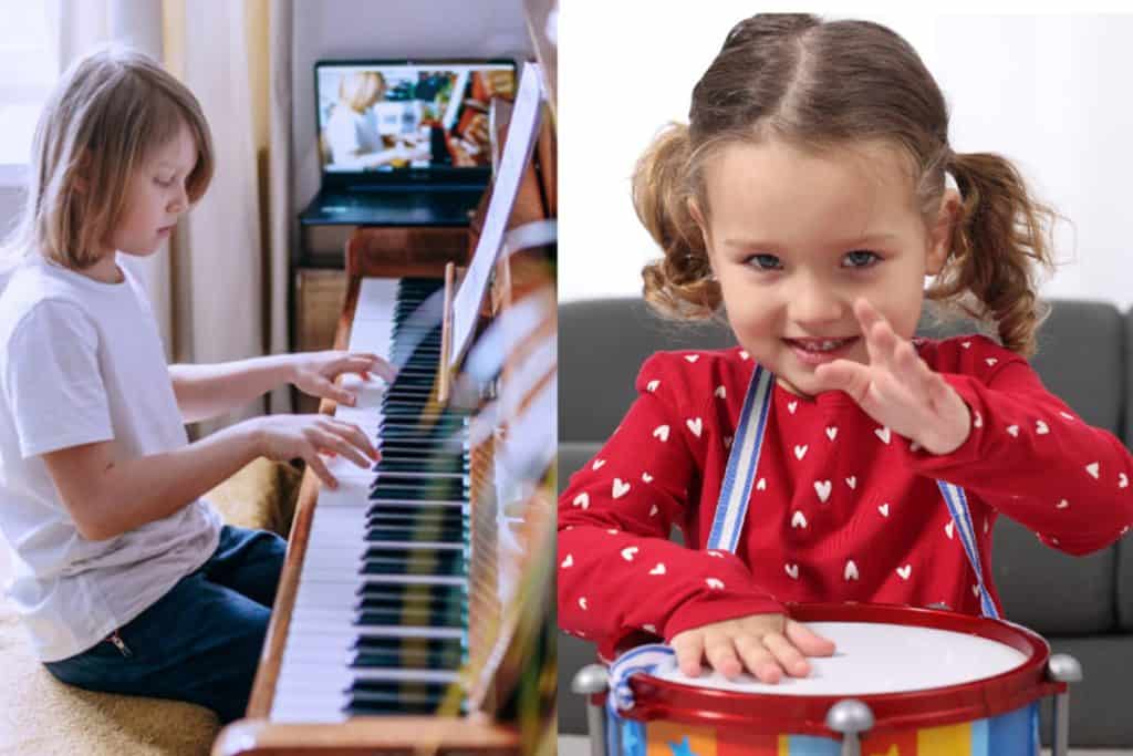 Child playing piano for building brain connections and cognitive development.
